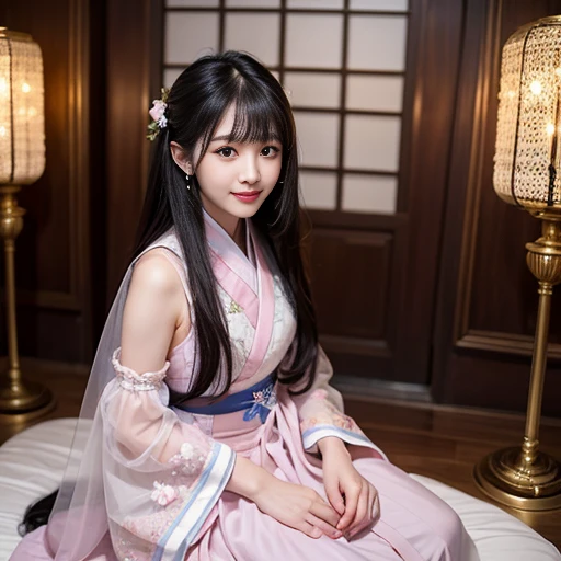 best quality, Delicate face,beautiful visual work, lifelike, eternity, black hair, Long curly hair, blunt bangs, Smile, Detailed Background, Delicate face,pink blush,cold,((masterpiece))、(top quality)、8k、high detail、Super detailed,21 years old female,Wearing wide-sleeved Tang Dynasty Hanfu、Clothes made of chiffon,Transparent sleeves, Seductive and whimsical style、masterpiece、born、Scenes resembling fairy tale illustrations、intricate details和複雜的設計、Beautifully、magic、capricious、 Beautifully、Dream aesthetics、「𝓡𝓸𝓶𝓪𝓷𝓽𝓲𝓬、ethereal、charming、fickle、magic」、realism、Visual effects、FXAA、SSAO、Shader、voiceless、ambient lighting、Tone mapping、High resolution、Ultra high quality、Million pixels、(8K resolution:1.10)、8k、8k以下、8K resolution、high detail、intricate details, (high quality:1.2、masterpiece:1.2、:1.21)、(21 years old female:1.21)、(興奮地Smile)、(Surrounded by a dreamy atmosphere、Model diagram,full-body shot,Normal 2 feet,don't stretch out your hand,The protrusion of the breast is visible when wearing clothes, Large Breasts, H cup chest, Landscape photos