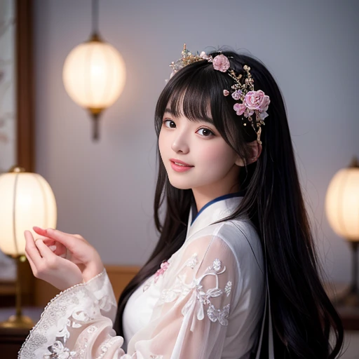 best quality, Delicate face，beautiful visual work, lifelike, eternity, black hair, Long curly hair, blunt bangs, Smile, Detailed Background, Delicate face，pink blush，cold，((masterpiece))、(top quality)、8k、high detail、Super detailed，21 years old female，Wearing wide-sleeved Tang Dynasty Hanfu、Clothes made of chiffon,Transparent sleeves， Seductive and whimsical style、masterpiece、born、Scenes resembling fairy tale illustrations、intricate details和複雜的設計、Beautifully、magic、capricious、 Beautifully、Dream aesthetics、「𝓡𝓸𝓶𝓪𝓷𝓽𝓲𝓬、ethereal、charming、fickle、magic」、realism、Visual effects、FXAA、SSAO、Shader、voiceless、ambient lighting、Tone mapping、High resolution、Ultra high quality、Million pixels、(8K resolution:1.10)、8k、8k以下、8K resolution、high detail、intricate details， (high quality:1.2、masterpiece:1.2、:1.21)、(21 years old female:1.21)、(興奮地Smile)、(Surrounded by a dreamy atmosphere、Model diagram，full-body shot，Normal 2 feet，don&#39;t stretch out your hand，The protrusion of the breast is visible when wearing clothes, Large Breasts, H cup chest, Landscape photos