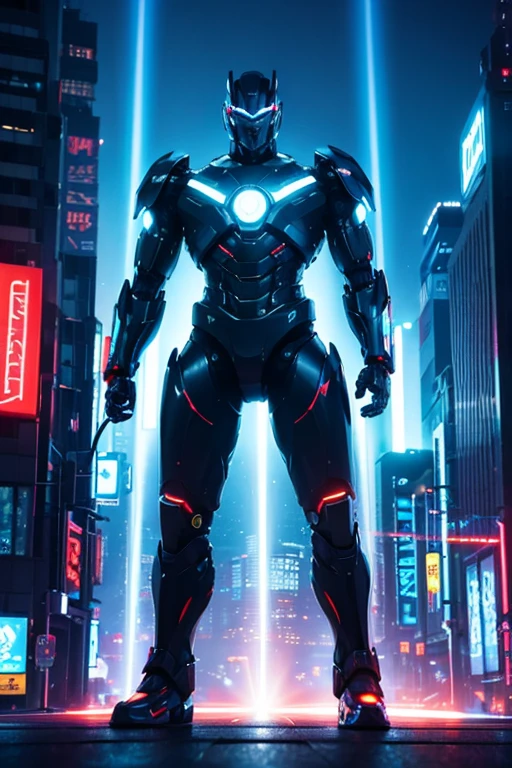 Giant humanoid robot。
cyber cityscape。
Lens flare。
Streaks。
Neon Signs。
typography。
Protect against crime。