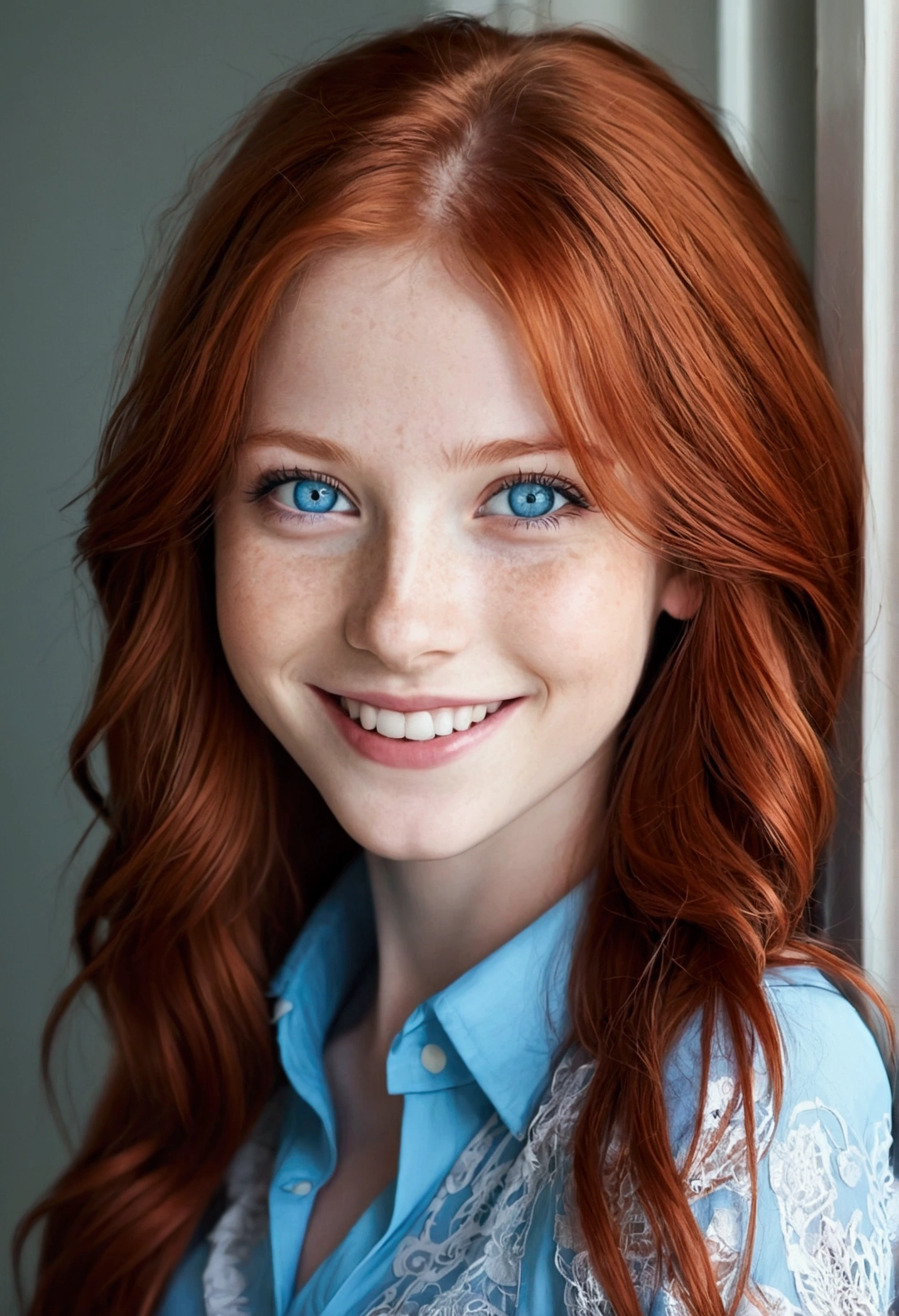 Cute girl, red hair, blue eyes, white skin, skinny, pretty smile, blue shirt, Long hair