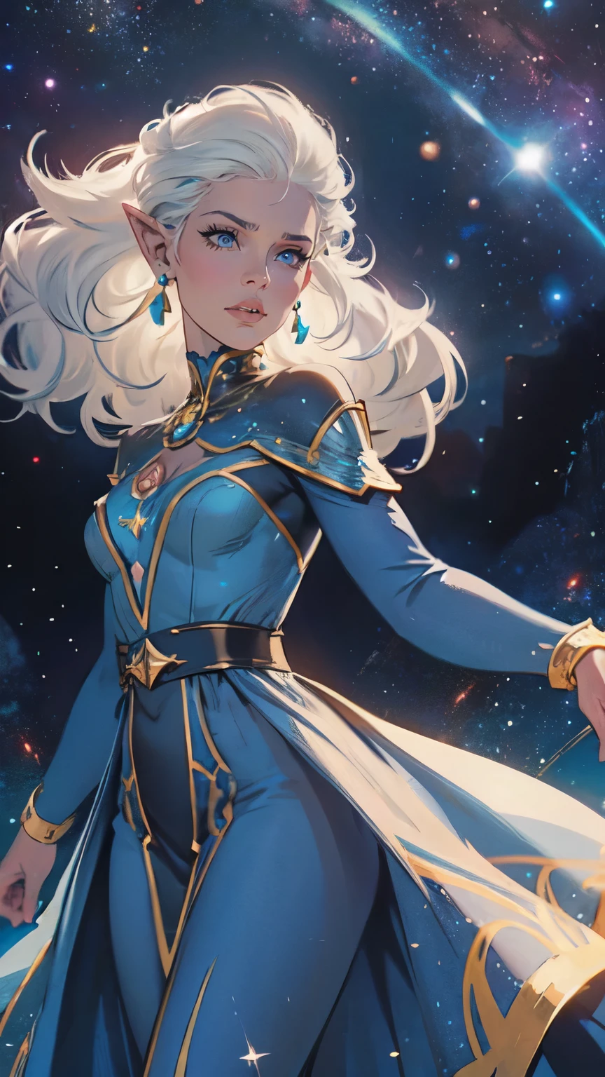 Princess allura, blue eyes, white hair, pointed ears, dark skin, dark-skinned woman, mark on the face, elf, dark elf, jewelry, earrings, loose hair, space, starry sky, galaxies, looks at the viewer, cowboy shot, solo, Dutch angle, hd