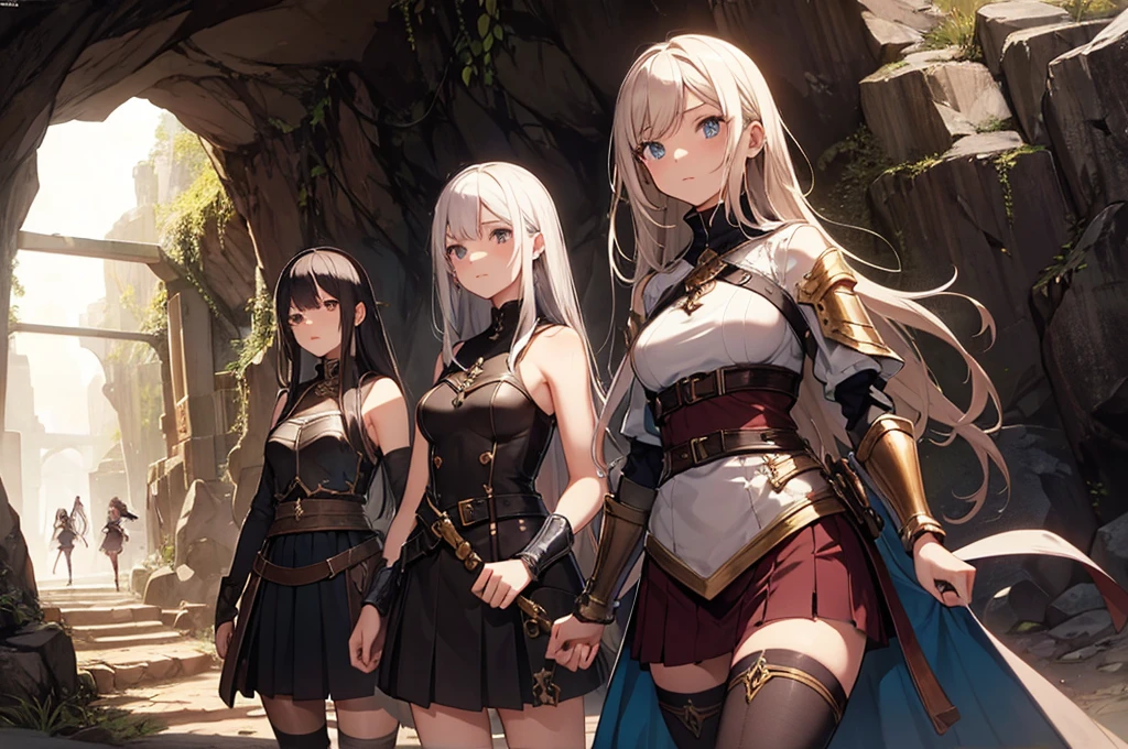 A group of  female medieval fantasy adventurers, (in cave), various hair styles, harem, dark, details face, short skirt, seducing, sleeveless, armor 