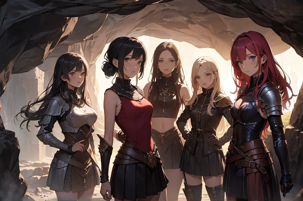 A group of female medieval fantasy adventurers, (in cave), various hair styles, harem, dark, details face, short skirt, seducing, sleeveless, armor