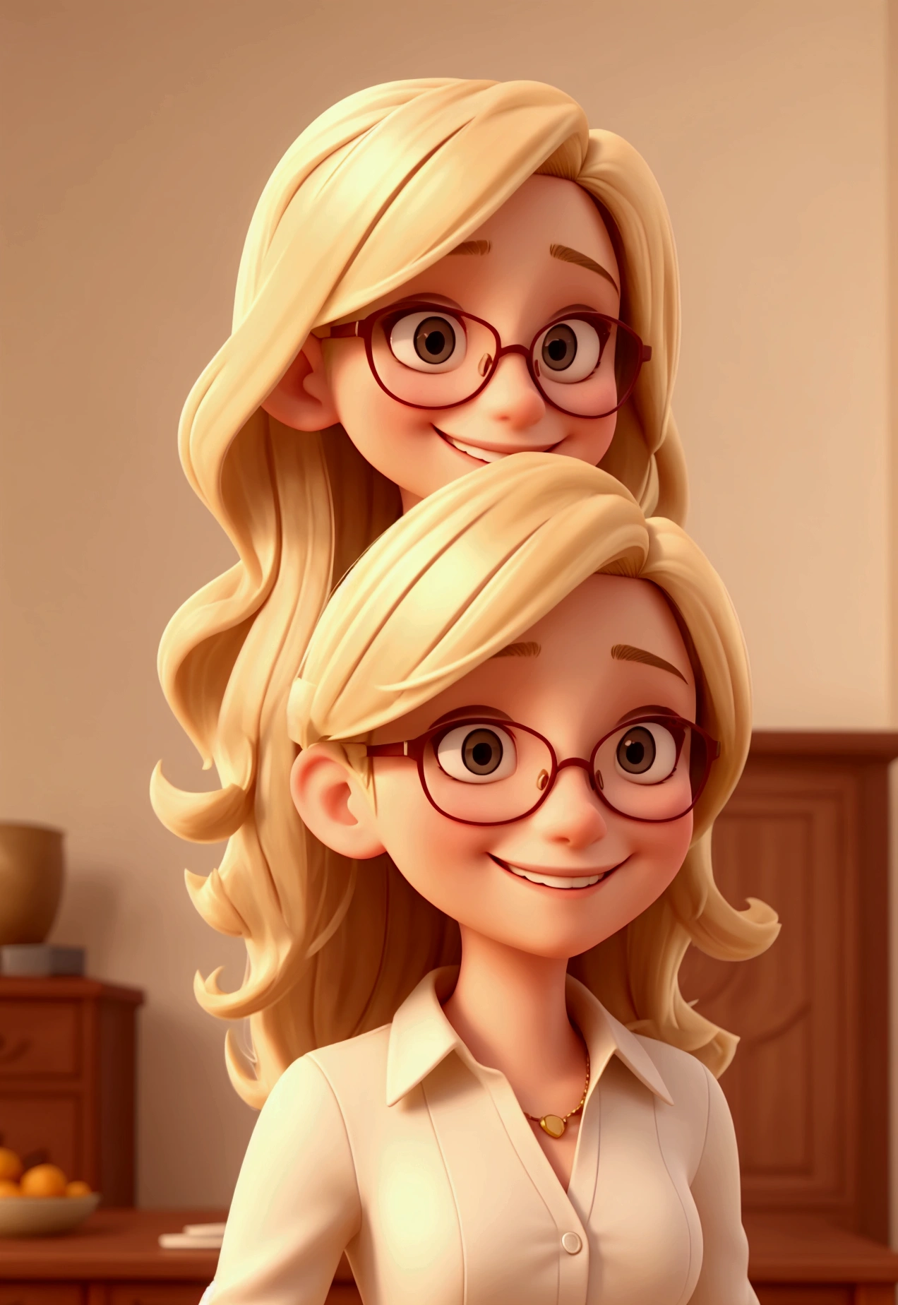 Lady with straight, blonde hair, glasses and a wide smile with her body facing forward