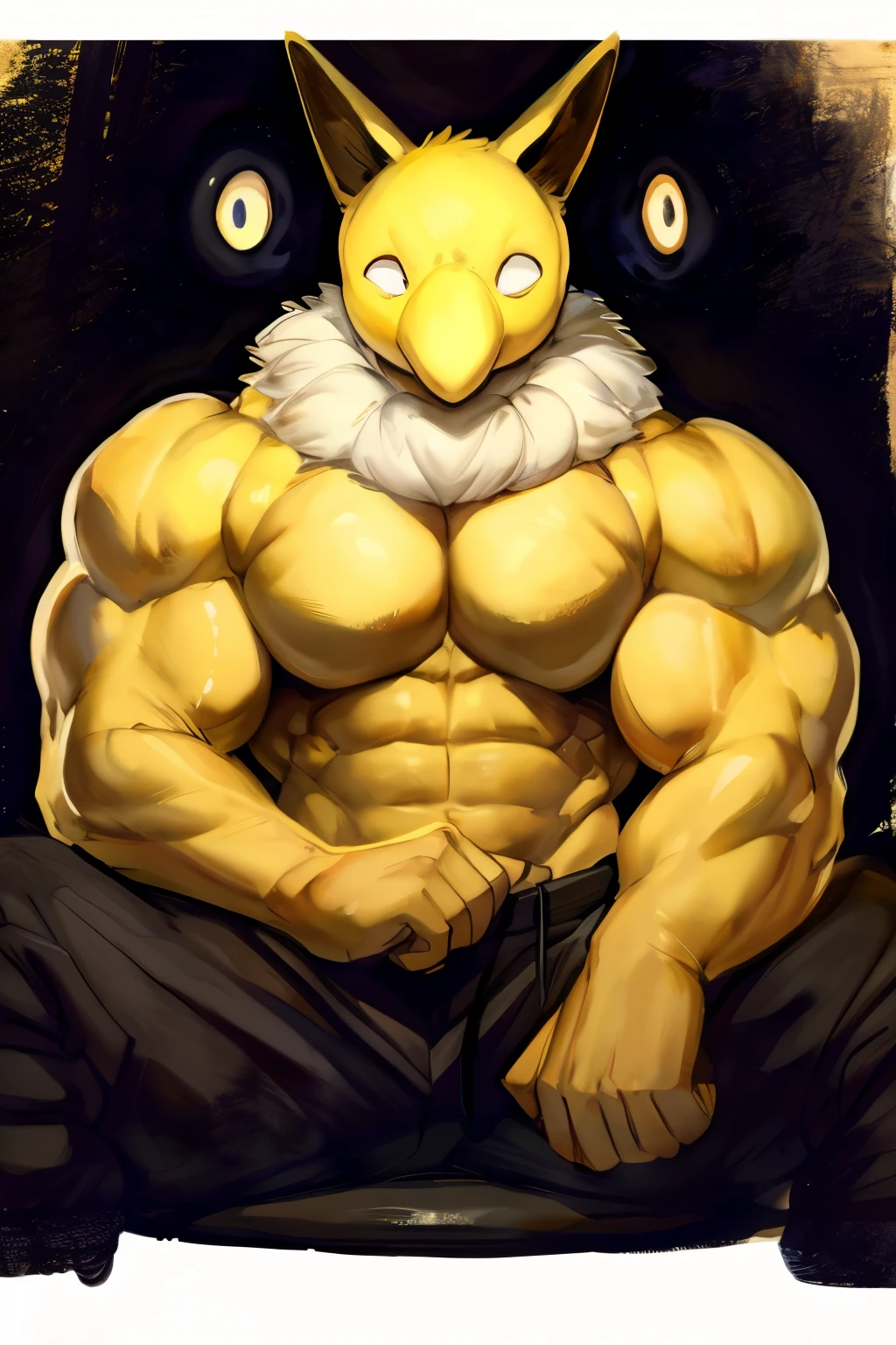 Furry, Anthro, solo, Hypno, Male, (((muscular body, massive thighs, massive male pectorals, fluffy neck, yellow skin, wearing black tanktop, wearing black sweatpants))), ((((massive biceps, sitting pose)))), ((((((massive bulky torso, wide-eyed, head tilted, facing viewer)))))), black/yellow spraypainted background, by buta99, by zackary911, by bebebebebe, (((digital painting)))