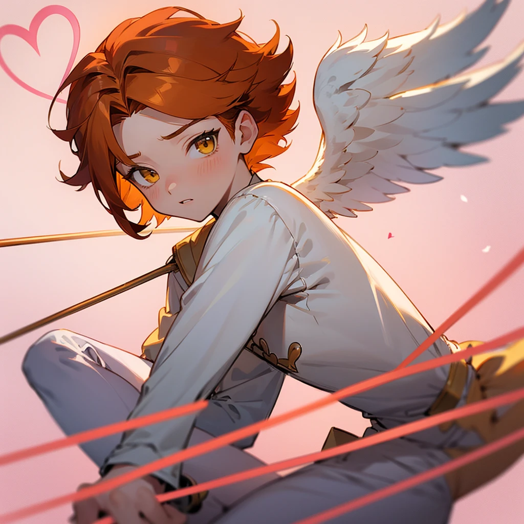 anime boy, short boy, 17 years old, orange hair, yellow eyes, white angel wings, angel, small, cute, short fluffy hair, angel boy, small, long sleeve, cupid, hair with bangs, archer

I am a cupid

cupid 

bow with heart arrow

hearts

pastel pink background 