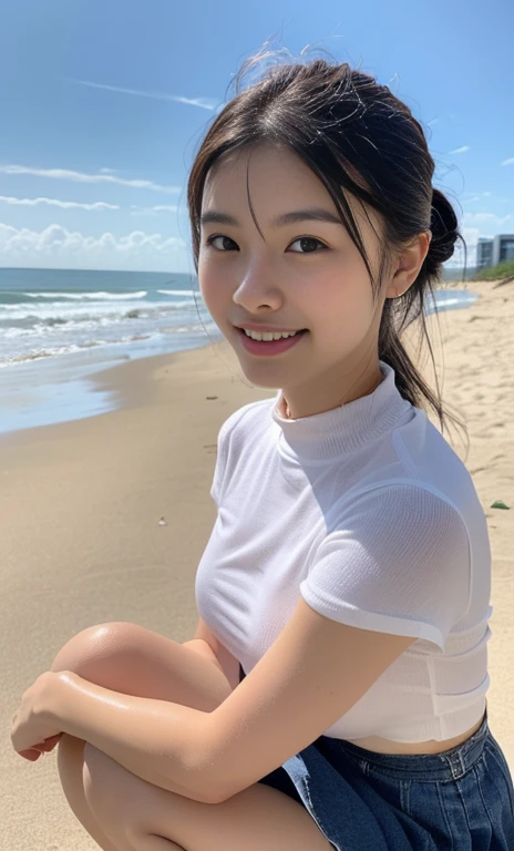 (a gorgeous asian lady, age 20s, wearing a wet oversized white high-neck t-shirt, pleated skirt, squatting at a polluted beach, removing trash plastic, Beach Cleanup, Ocean Cleanup, (beach by the sea:1.2),
Hopeful expression, kind smile, dimpled cheeks, short ponytail, short bob hair, cute snaggleteeth, ample round bosom, perfect body anatomy, photorealistic, beautiful detailed eyes,
hyper-realism, high contrast, ultra HD, realistic skin textures, top image quality, top-quality, super high resolution, fine details, serene ambience, very meticulously, high angle shot, medium shot, cowboy shot, sun rays, lens flare, SFW)