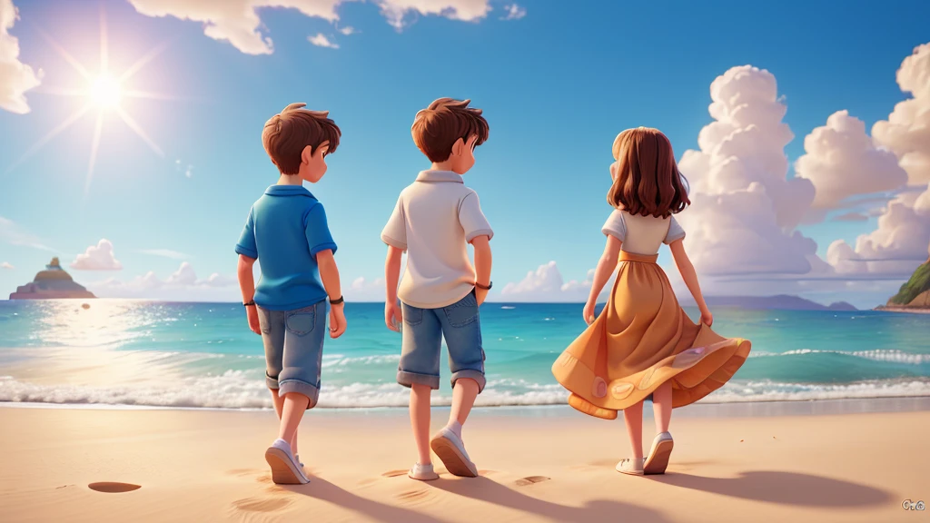 1 boy 1 girl,(2 Characters) Walking on the beach, view of their backs, ilustrativo de Disney, (Best Quality, 4k, 8k,High resolution,masterpiece:1.2) colors, fantasy elements, magic, colors, Sun rays, gentle breeze. Gran composición con gran detalle y colors, Retailer, cheered up, Disney. Waves, clothing details