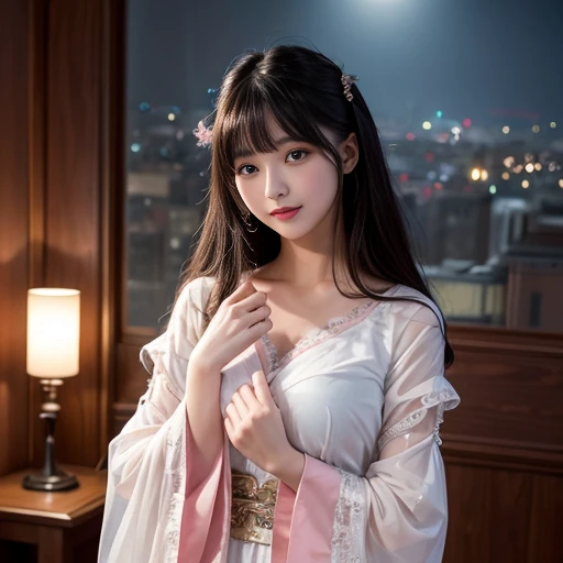 best quality, Delicate face，beautiful visual work, lifelike, eternity, black hair, Long curly hair, blunt bangs, Smile, Detailed Background, Delicate face，pink blush，cold，((masterpiece))、(top quality)、8k、high detail、Super detailed，21 years old female，Wearing wide-sleeved Tang Dynasty Hanfu、Clothes made of chiffon,Transparent sleeves， Seductive and whimsical style、masterpiece、born、Scenes resembling fairy tale illustrations、intricate details和複雜的設計、Beautifully、magic、capricious、 Beautifully、Dream aesthetics、「𝓡𝓸𝓶𝓪𝓷𝓽𝓲𝓬、ethereal、charming、fickle、magic」、realism、Visual effects、FXAA、SSAO、Shader、voiceless、ambient lighting、Tone mapping、High resolution、Ultra high quality、Million pixels、(8K resolution:1.10)、8k、8k以下、8K resolution、high detail、intricate details， (high quality:1.2、masterpiece:1.2、:1.21)、(21 years old female:1.21)、(興奮地Smile)、(Surrounded by a dreamy atmosphere、Model diagram，full-body shot，Normal 2 feet，Don't show your fingers，Hands hidden in sleeves, The protrusion of the breast is visible when wearing clothes, Large Breasts, H cup chest, Landscape photos