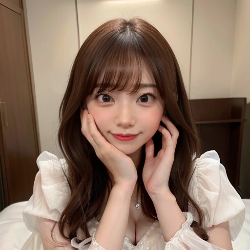 masterpiece, Best Quality,, Ultra-detailed, finely detail, hight resolution,1girl, blunt bangs, smile, blush, bed, breasts, white princess dress, sitting、nogizaka、Beautiful brown eyes:1.３、-yeld, rhead, absurdrez, sensual, elegante, charm, shiny skin, dinive, red enamel, jewelry, full body, ultra detali, high qualiy, work of art, face detailed, gorgeous eyes(detailedeyes), a face of perfect proportions
