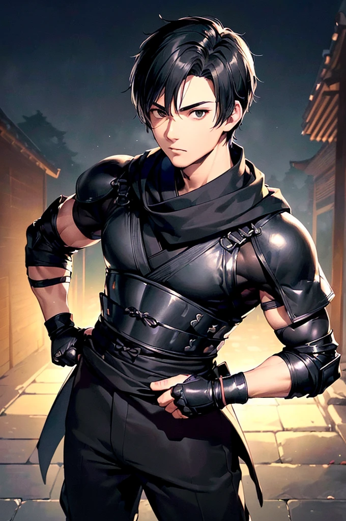 (((masterpiece; best quality: 1.2))), (finely detailed eyes: 1.3), ((ung man)), ((solo)), (black eyes: 1.4), (body shape; lean, masculine: 1.3), (very short black hair: 1.3), (beautiful and clear background: 1.2), ((depth of field)), (equipment: black shinobi clothing + fully covered + black kimono + black pants + black scarf + black bracers + black fingerless gloves: 1.3), (anime illustration: 1.2), (background composition; old japanese mansion + night: 1.1), (extremely fine and handsome: 1.1), (shot composition; standing + centered on torso + close-up: 1.5), (facial expression; calm, stoic: 1.2)