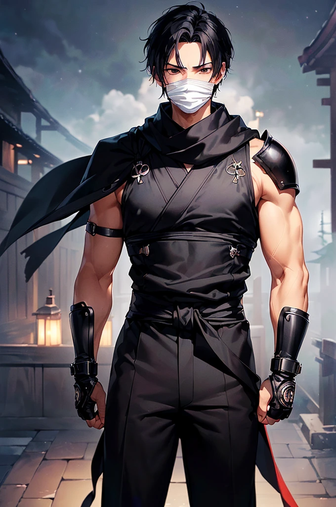 (((masterpiece; best quality: 1.2))), (finely detailed eyes: 1.3), ((1 young man)), ((solo)), (black eyes: 1.4), (body shape; lean, masculine: 1.3), (very short black hair: 1.3), (beautiful and clear background: 1.2), ((depth of field)), (equipment: black shinobi clothing + fully covered + black kimono + black pants + black scarf + black bracers + black fingerless gloves: 1.3), (anime illustration: 1.2), (background composition; old japanese mansion + night: 1.1), (extremely fine and handsome: 1.1), (shot composition; standing + centered on torso + close-up: 1.5), (facial expression; calm, stoic: 1.2)