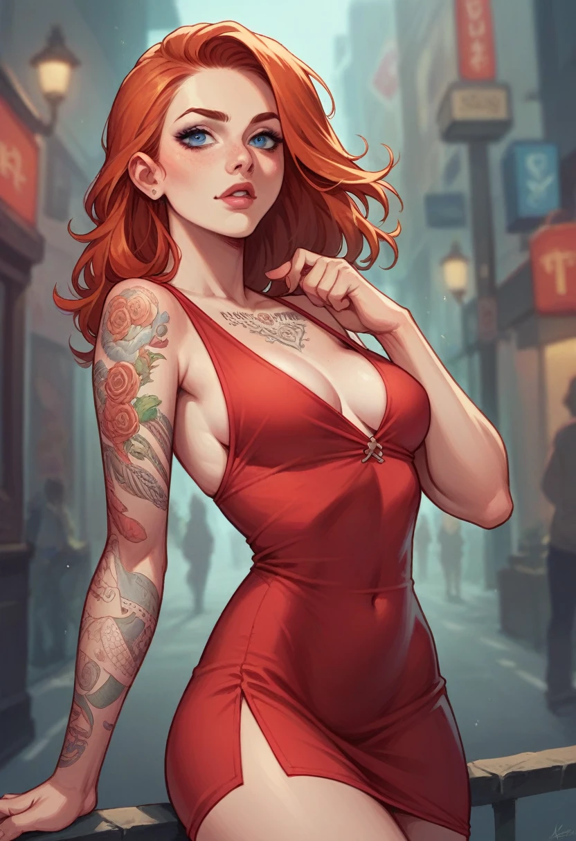 redhead model with tattoos wearing a short red dress with blue eyes on a realistic busy street