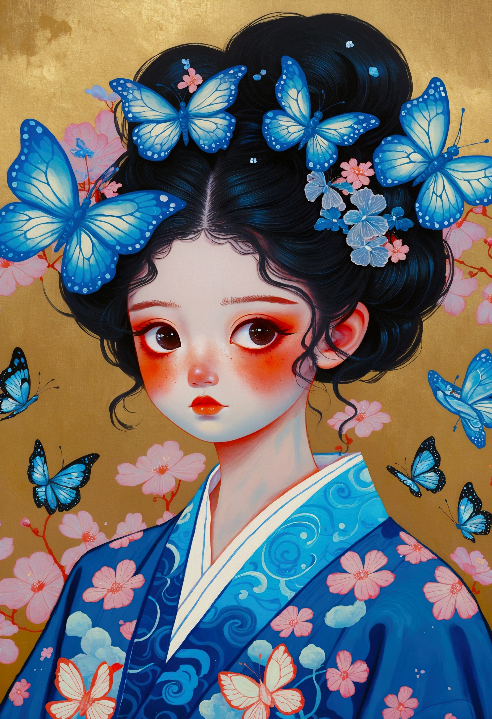 The painting shows a cute girl wearing a Japanese kimono,big eyes,big eyes!!!There are butterflies and eyes on the head, James Jean (James Jean) Inspired by the extremely detailed, Popular on artstation, Pop surrealism, james jean 和 wlop, japanese Pop surrealism, Loish |, James Jean Andre Ryabovich, yanjun chengt, Beeple 和 Jeremiah Ketner, Juster Battle