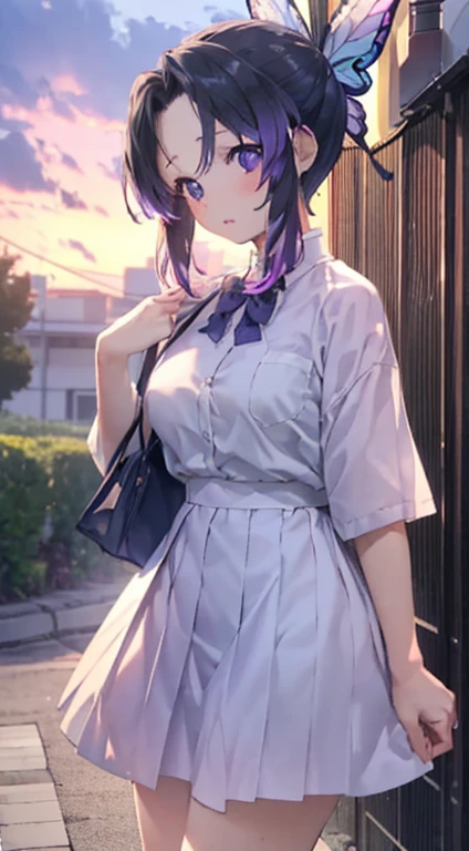 (nsfw), ((((最高の笑face)))), ((Open your mouth)), kochou shinobu, (((笑face,Sweat))), Peek into, ((high school student, White shirt, Short sleeve, skirt, uniform, Bag)), (((On the way home, Soft cream))), ((evening)), ((Side angle, Top view)), , (((summer))) , whole body, boost mood, Ultra-realistic 8K CG,masterpiece,, ((Highly detailed background,Delicate pattern,Intricate details, Fine and beautiful eyes)),The best quality in the best condition,とてもとてもとても詳細なface, Highly detailed eyesとface,Highly detailed eyes,kochou shinobu,Multicolored Hair,No bangs,Hair Intake,, Purple eyes,,butterfly,band,(熱band庭園:1.2),Purple Flower,mostly cloudy null,Tyndall effect,slope_null,face,beautiful null,,Seductive posture,(Medium chest:1.3), woman,