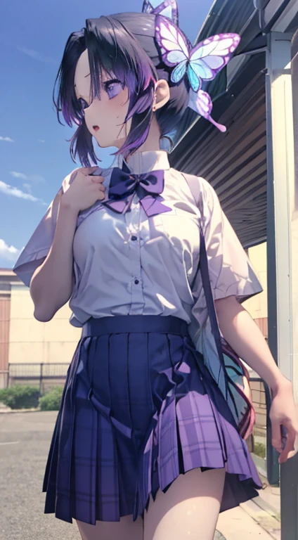 (nsfw), ((((最高の笑face)))), ((Open your mouth)), kochou shinobu, (((笑face,Sweat))), Peek into, ((high student, White shirt, Short sleeve, skirt, uniform, Bag)), (((On the way home, Soft cream))), ((evening)), ((Side angle, Top view)), , (((summer))) , whole body, boost mood, Ultra-realistic 8K CG,masterpiece,, ((Highly detailed background,Delicate pattern,Intricate details, Fine and beautiful eyes)),The best quality in the best condition,とてもとてもとても詳細なface, Highly detailed eyesとface,Highly detailed eyes,kochou shinobu,Multicolored Hair,No bangs,Hair Intake,, Purple eyes,,butterfly,band,(熱band庭園:1.2),Purple Flower,mostly cloudy null,Tyndall effect,slope_null,face,beautiful null,,Seductive posture,(Medium chest:1.3), woman,15 yea