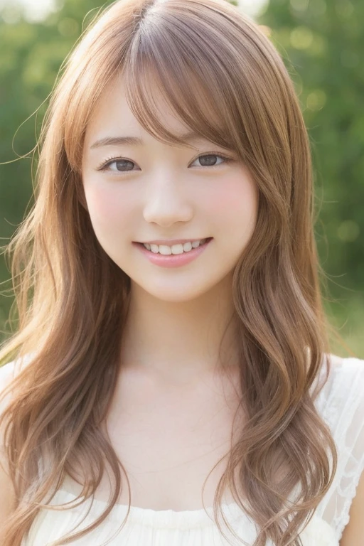 clear、Transparency、Beautiful Japanese Girl、Photo of a person looking at the camera and smiling、Very delicate、Young Gravure Idol、Beautiful Asian Girl、Realistic and beautiful girls、Beautiful skin quality、Long eyelashes、Long loose wavy hair、white＿dress、