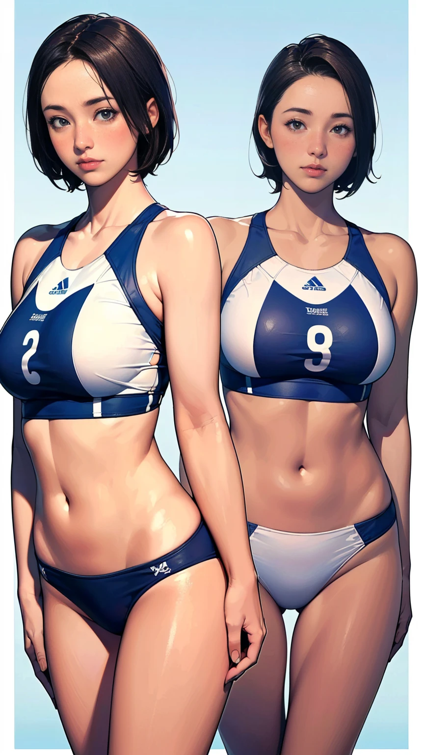 (Two Women),(Two beach volleyball players standing side by side:1.5),(Japanese),(Same beach volleyball team:1.5),(Beach volleyball bikini:1.3),(Wearing the same thing:1.5),(short hair:1.3),rest(whole body:1.5),(Beautiful Eyes),(Pretty face),(Very detailedな顔:1.5),(Very detailedな女性の手:1.5),(Sunburn:1.3),(Muscular:1.3),(Thick thighs:1.5),(Clear blue sky in the background:1.2),(((Blurred Background:1.5))),(Soft lighting:1.5),(Depth of written border:1.5),rest(((masterpiece:1.5),(Highest quality:1.5),(Very detailed:1.5),(High resolution:1.5),(practical:1.5),(practical:1.5))),8KOda Not,