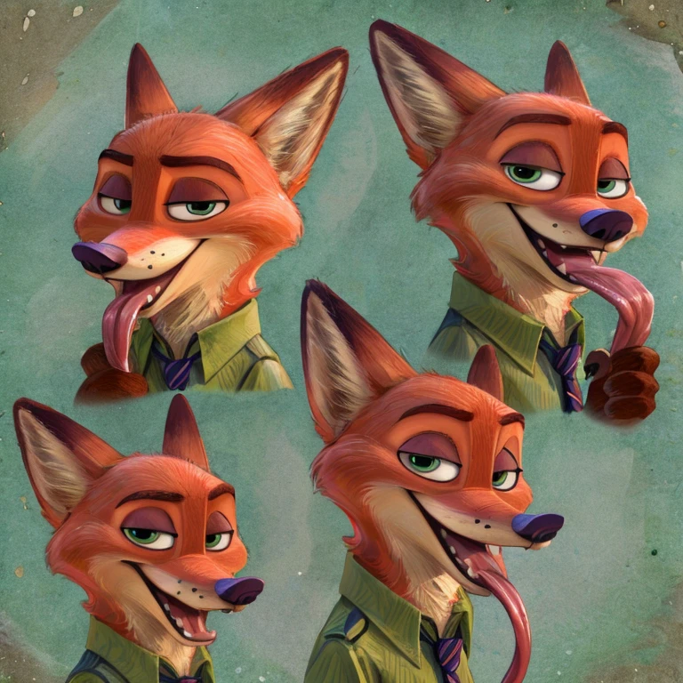 Nick Wilde (Zootopia), Disney Animation, 2D, Looking at viewer, Open Mouth, Tongue Out, Long Tongue, Wide-Eyed, Fox Ears, Anatomically Correct, Seductive Smile, Raised Eyebrow, Oral Invitation, Simple background, Multiple Views, Full Shot, Character Sheet Full-Length, Character Design, Illustration, High Resolution, Super Detailed, Textured Skin