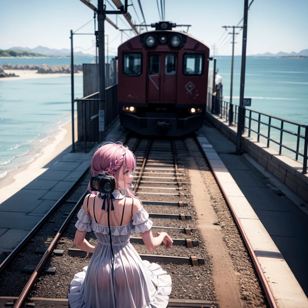 at the seaside,There is a train behind,Leave with your back to the camera,with tears,Smile