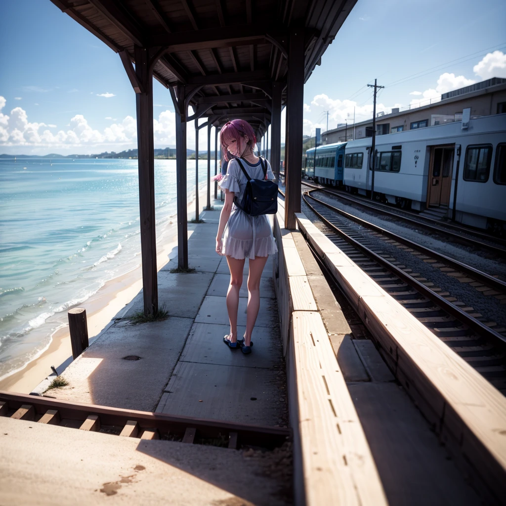 at the seaside，There is a train behind，Leave with your back to the camera，with tears，Smile
