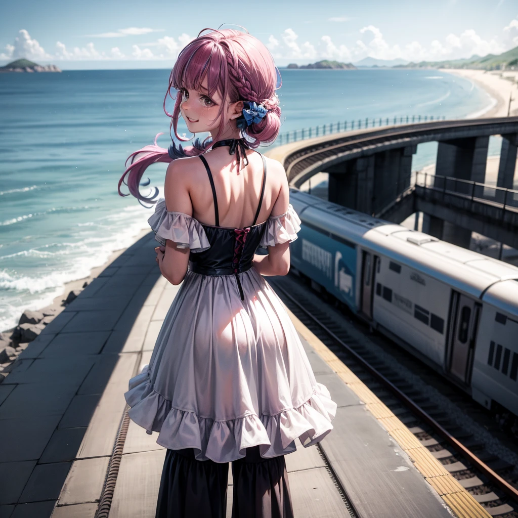 at the seaside，There is a train behind，Leave with your back to the camera，with tears，Smile