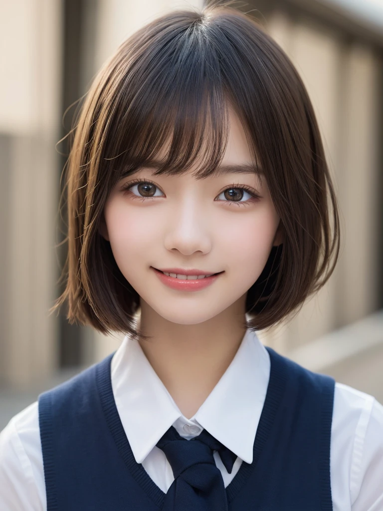 masterpiece, best quality, illustration, ultra-detailed, finely detailed, high resolution, 8K wallpaper, perfect dynamic composition, beautiful detailed eyes, school uniform, short hair, happy expression, cute, smile, looking at camera