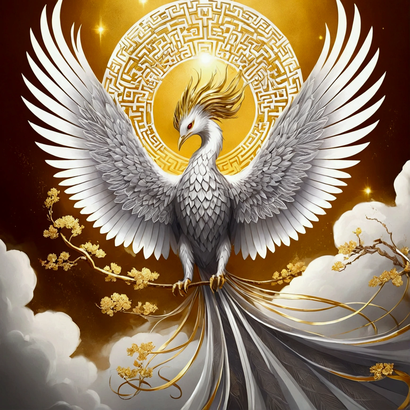 Mythical creatures,((The golden phoenix of Chinese mythology)),Traditional Chinese Elements,Ancient murals,Examples of myths,The Legend of Fuyao,Spotted Light,Hazy haze,Mysterious Aura,masterpiece,khd,Silver Phoenix,Detailed explanation,A phoenix emitting a golden white light