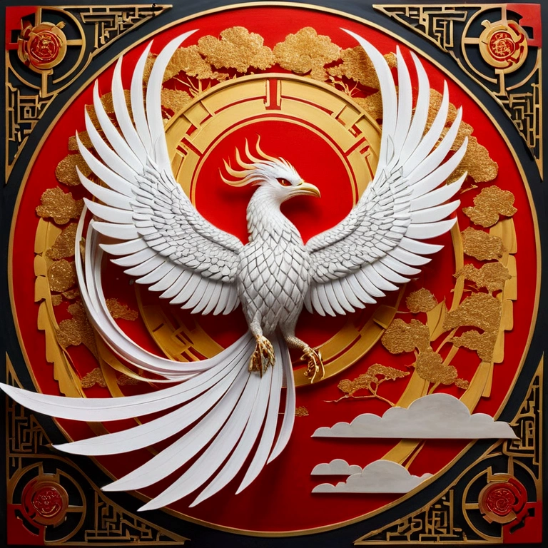 Mythical creatures,((The golden phoenix of Chinese mythology)),Traditional Chinese Elements,Ancient murals,Examples of myths,The Legend of Fuyao,Spotted Light,Hazy haze,Mysterious Aura,masterpiece,khd,Silver Phoenix,Detailed explanation,A phoenix emitting a golden white light