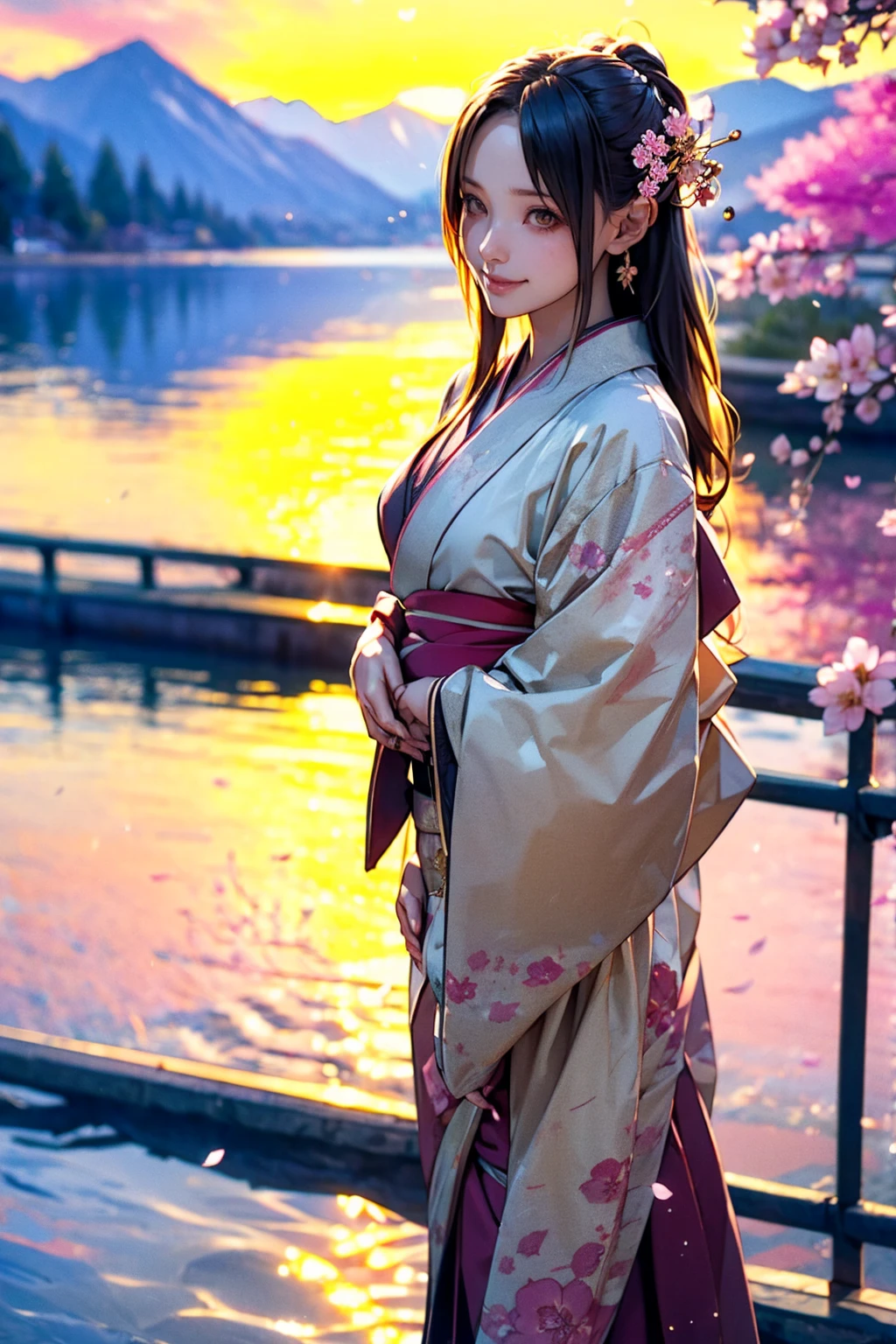 Asuna, masterpiece, Highest quality, detailed, (One girl), alone, detailed golden eyes, Long Hair, Are standing, Close to the audience, (detailed kimono), A light smile, Medium chest,  (Put your arms behind your back), water, sunset, (hair ornaments), (Cherry blossoms bloom),  Lake with snowy mountains in the background