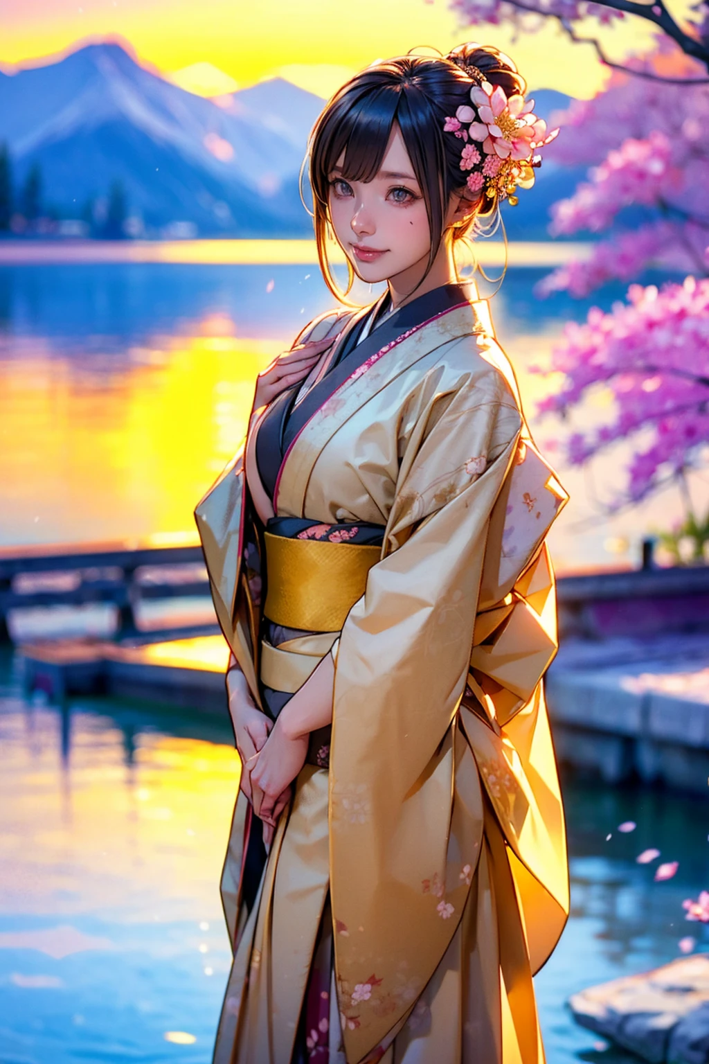 Asuna, masterpiece, Highest quality, detailed, (One girl), alone, detailed golden eyes, Long Hair, Are standing, Close to the audience, (detailed kimono), A light smile, Medium chest, (Put your arms behind your back), water, sunset, (hair ornaments), (Cherry blossoms bloom), Lake with snowy mountains in the background