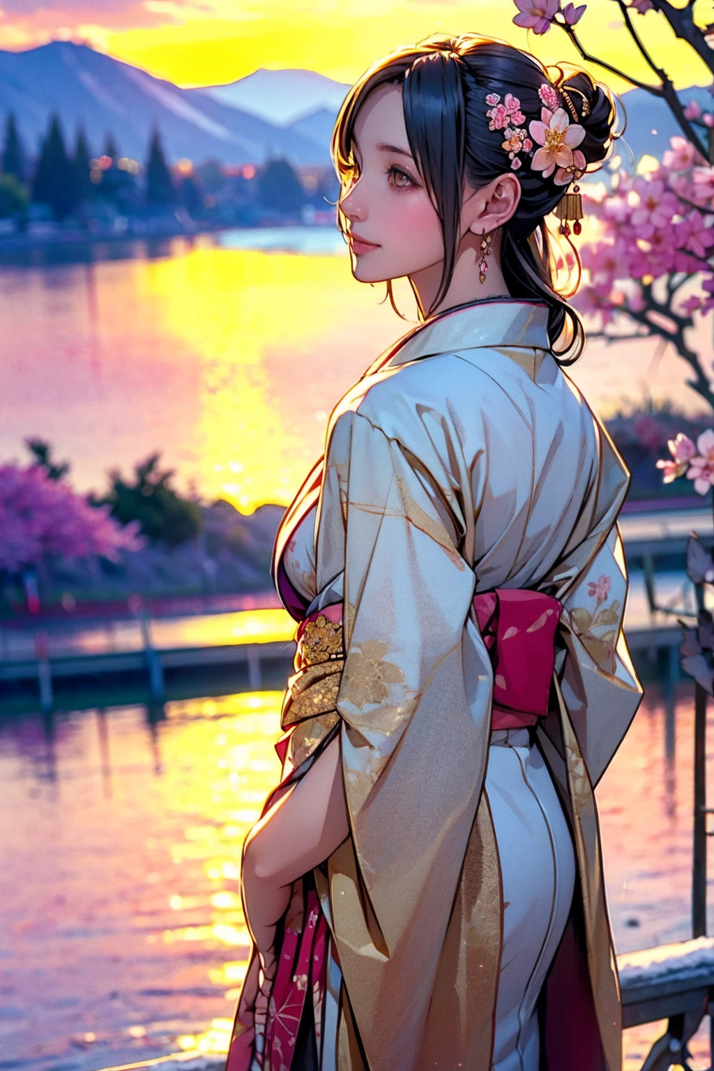 Asuna, masterpiece, Highest quality, detailed, (One girl), alone, detailed golden eyes, Long Hair, Are standing, Close to the audience, (detailed kimono), A light smile, Medium chest, (Put your arms behind your back), water, sunset, (hair ornaments), (Cherry blossoms bloom), Lake with snowy mountains in the background
