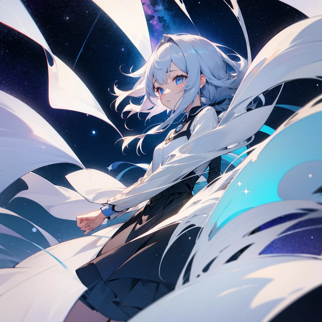 Gray Hair、girl、whole body、Drooping eyes、Night Sky、Starry Sky、dress、blue eyes
