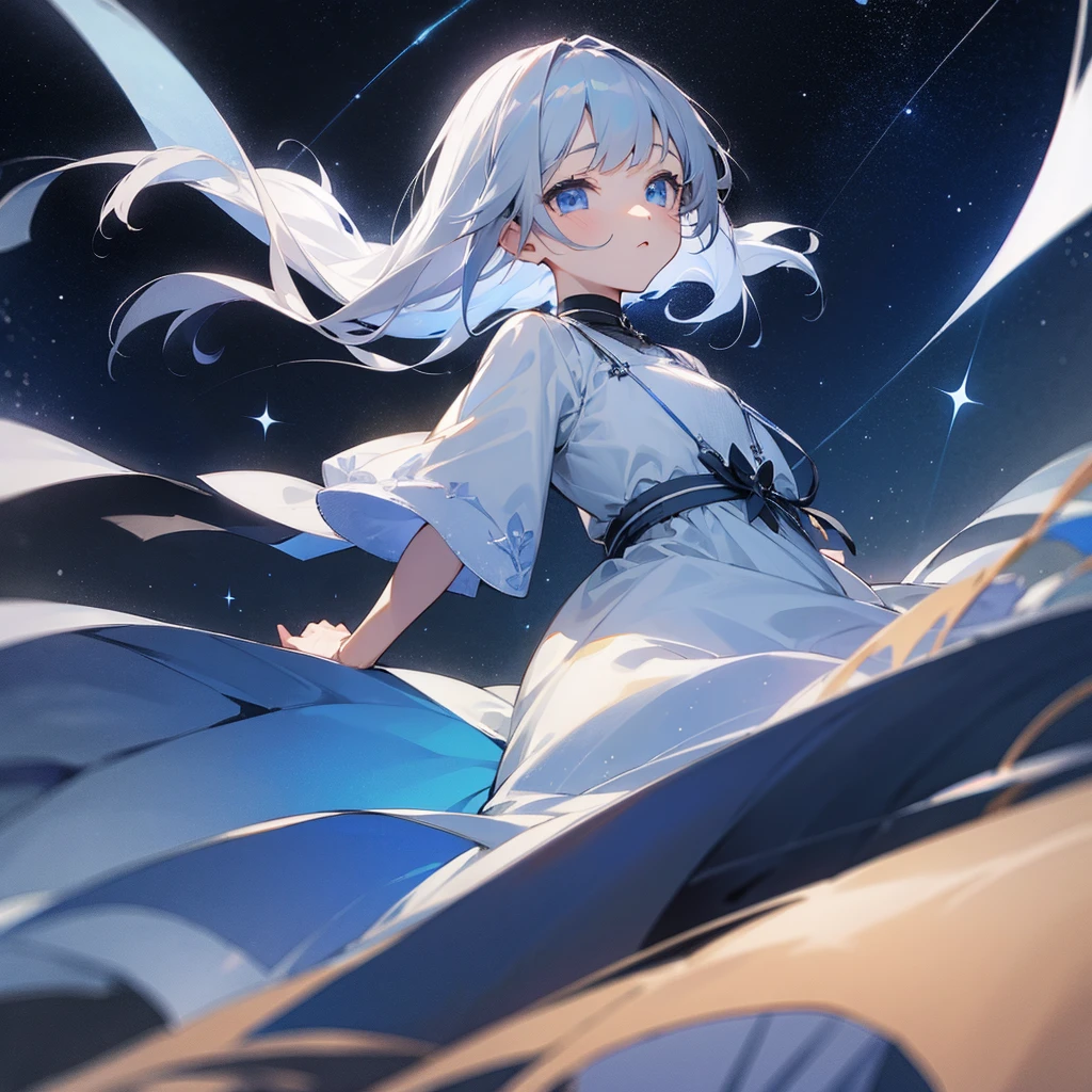 ((shylily/(Twich/))),(masterpiece:1.2),(best quality:1.2),, (1girl:1.3),up looking_Away、Night、look up to:1.5、sky at night、milkyway、Countless stars々、1 girl in、8 Head Body、Long sleeve white dress、Box Dress、in mountains、Dark lighting、Dark darkness