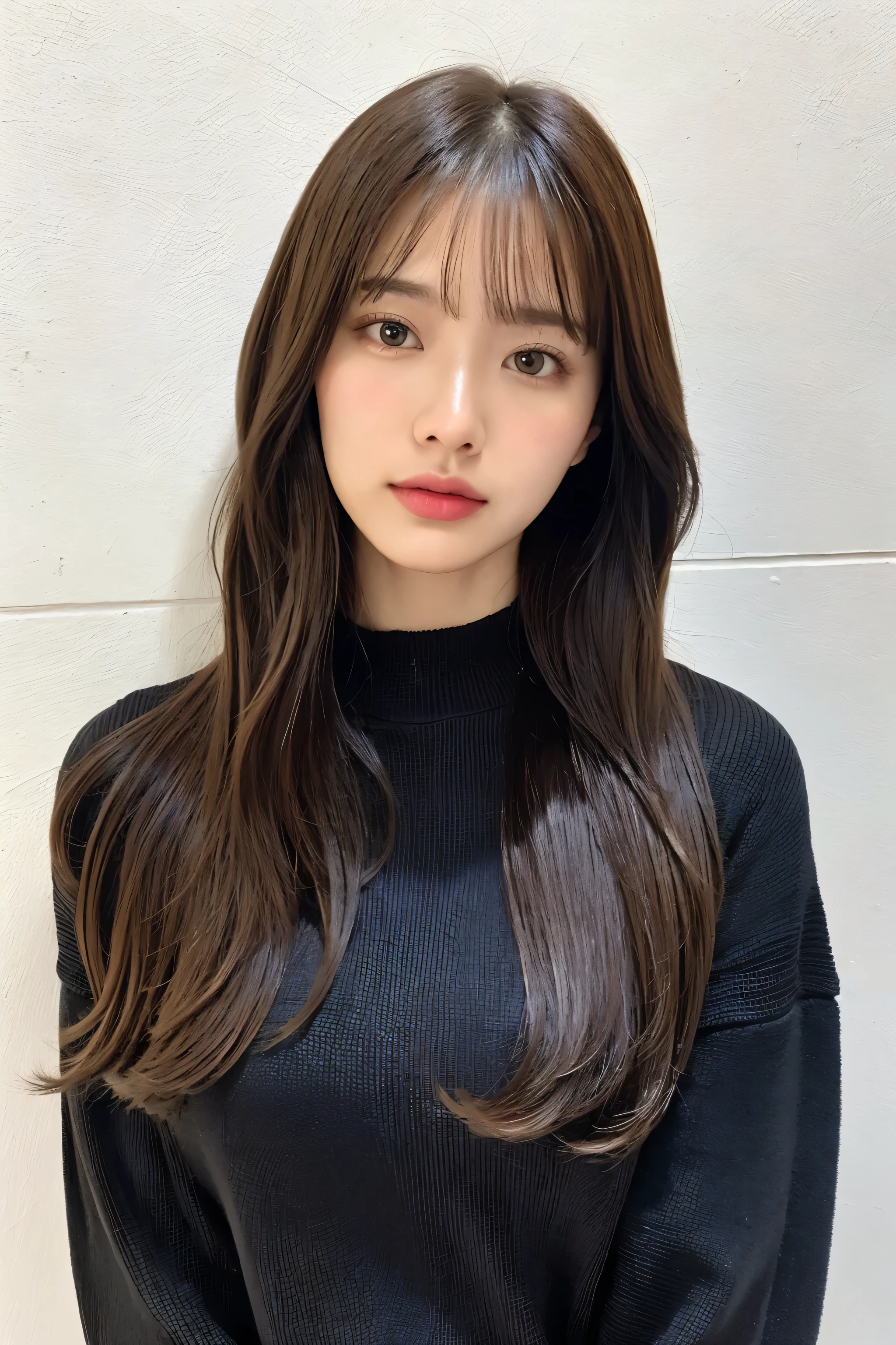 of the highest quality, 1 beautiful woman, age 28, S, 35mm lens, F/1, Cowboy Shot, Concrete background、Tile background、Black knitwear、Light brown、tile wall,From below、Straight hair、Straight hair、Shiny hair,Silky hair