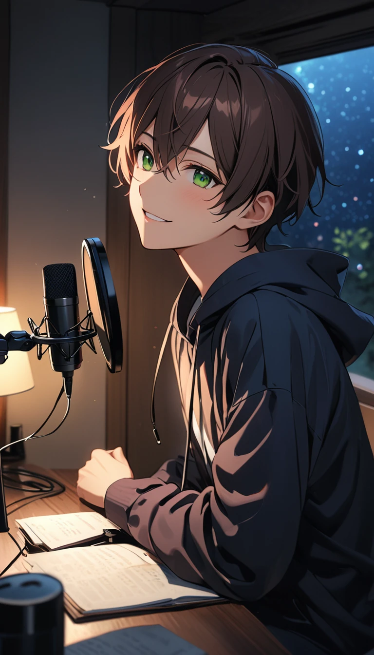 ((masterpiece)), ((Highest quality)), ((High resolution)), ((In detail)),((Highest quality, 8k, masterpiece)), A beautiful boy is depicted。He has short, curly, dark brown hair.、The green eyes are striking。He is wearing a beautiful outfit with a hood。Less exposed skin、The sleeves are long and hanging down。He stands in a dark room at night、Looking straight ahead and smiling quietly。There are large windows surrounding the room, allowing you to enjoy the starry sky.、You can see a beautiful starry sky from the window.。On the desk is a tabletop microphone with a pop filter attached.。You can see him doing a podcast here。