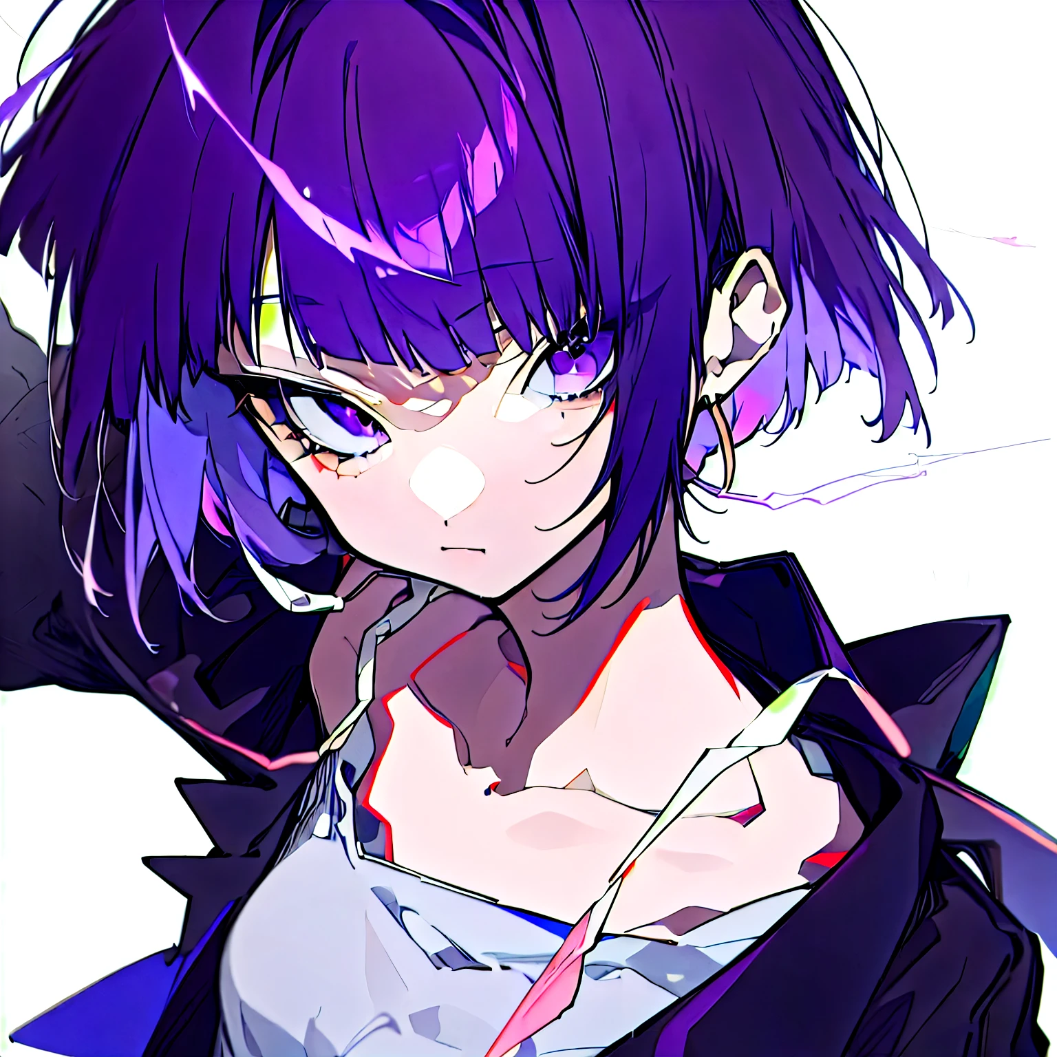 (Highest quality、masterpiece:1.2), ((Mature Woman)) Kyoka Jiro, One girl, alone, short hair, bangs, Simple Background, shirt, White Background, Purple eyes, clavicle, Upper Body, Purple Hair, Black jacket, blunt bangs, White lightning bolt mark in hair, 白いt-shirt,, Long earlobes 