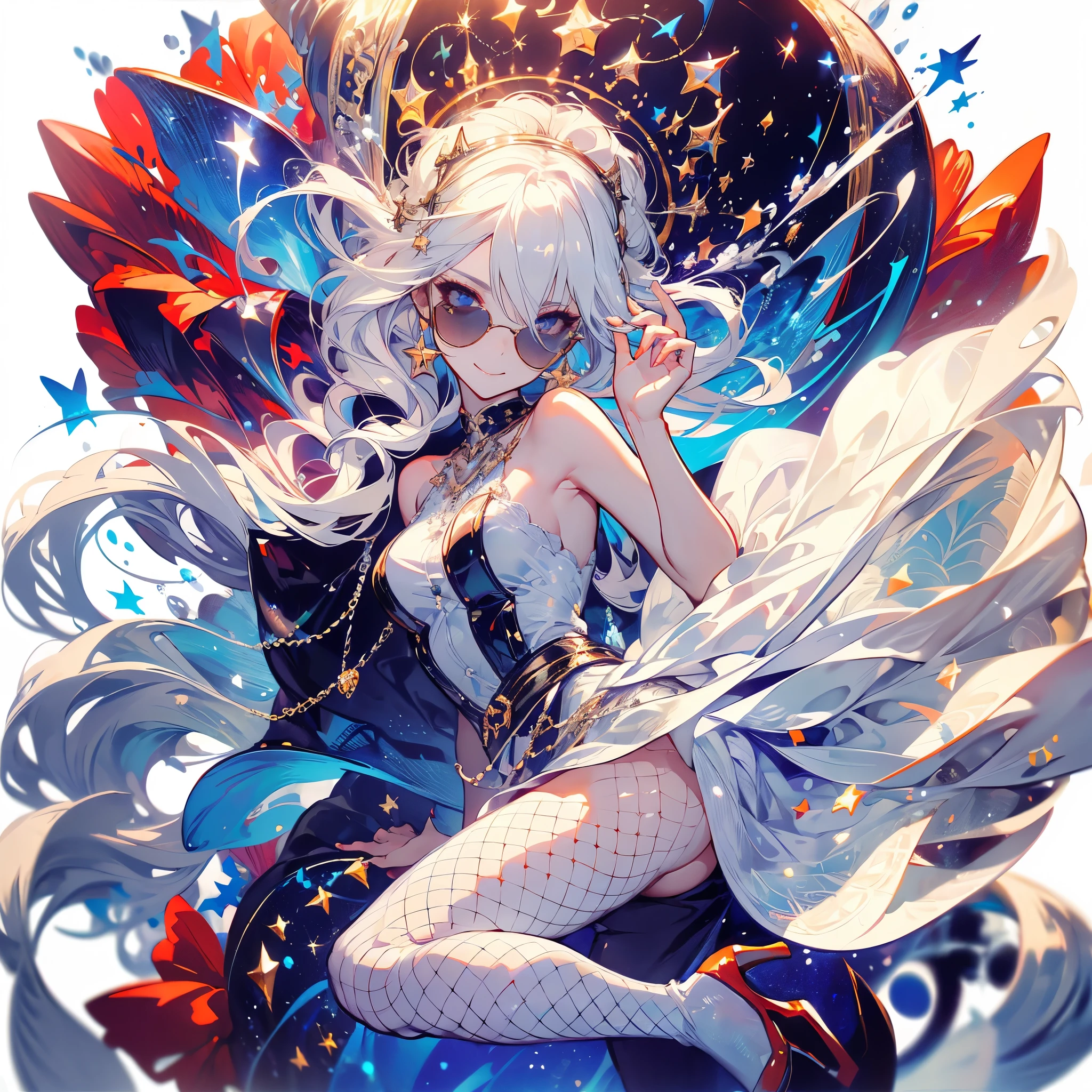 ((masterpiece, best quality)),Idol singer,Royal sister,sunglasses,Pure white background,Detailed face,Smile,whole body,Perfect body proportions,Glowing milky white eyes,sexly,Tattoo,extremely beautiful,transparent,High heel,Fishnet stockings,Star decoration,