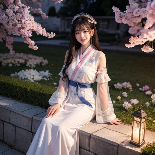 best quality, Delicate face，beautiful visual work, lifelike, eternity, black hair, Long curly hair, blunt bangs, Smile, Detailed Background, Delicate face，pink blush，cold，((masterpiece))、(top quality)、8k、high detail、Super detailed，21 years old female，Wearing wide-sleeved Tang Dynasty Hanfu、Clothes made of chiffon,Transparent sleeves， Seductive and whimsical style、masterpiece、born、Scenes resembling fairy tale illustrations、intricate details和複雜的設計、Beautifully、magic、capricious、 Beautifully、Dream aesthetics、「𝓡𝓸𝓶𝓪𝓷𝓽𝓲𝓬、ethereal、charming、fickle、magic」、realism、Visual effects、FXAA、SSAO、Shader、voiceless、ambient lighting、Tone mapping、High resolution、Ultra high quality、Million pixels、(8K resolution:1.10)、8k、8k以下、8K resolution、high detail、intricate details， (high quality:1.2、masterpiece:1.2、:1.21)、(21 years old female:1.21)、(興奮地Smile)、(Surrounded by a dreamy atmosphere、Model diagram，full-body shot，Normal 2 feet，Don't show your fingers，Hands hidden in sleeves, The protrusion of the breast is visible when wearing clothes, Large Breasts, H cup chest, Landscape photos