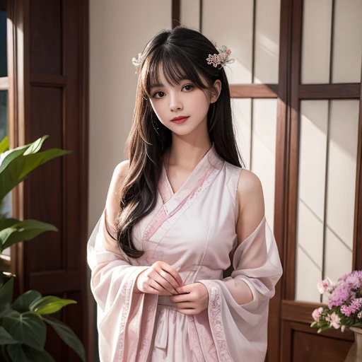 best quality, Delicate face,beautiful visual work, lifelike, eternity, black hair, Long curly hair, blunt bangs, Smile, Detailed Background, Delicate face,pink blush,cold,((masterpiece))、(top quality)、8k、high detail、Super detailed,21 years old female,Wearing wide-sleeved Tang Dynasty Hanfu、Clothes made of chiffon,Transparent sleeves, Seductive and whimsical style、masterpiece、born、Scenes resembling fairy tale illustrations、intricate details和複雜的設計、Beautifully、magic、capricious、 Beautifully、Dream aesthetics、「𝓡𝓸𝓶𝓪𝓷𝓽𝓲𝓬、ethereal、charming、fickle、magic」、realism、Visual effects、FXAA、SSAO、Shader、voiceless、ambient lighting、Tone mapping、High resolution、Ultra high quality、Million pixels、(8K resolution:1.10)、8k、8k以下、8K resolution、high detail、intricate details, (high quality:1.2、masterpiece:1.2、:1.21)、(21 years old female:1.21)、(興奮地Smile)、(Surrounded by a dreamy atmosphere、Model diagram,full-body shot,Normal 2 feet,Don't show your fingers,Hands hidden in sleeves, The protrusion of the breast is visible when wearing clothes, Large Breasts, H cup chest, Landscape photos