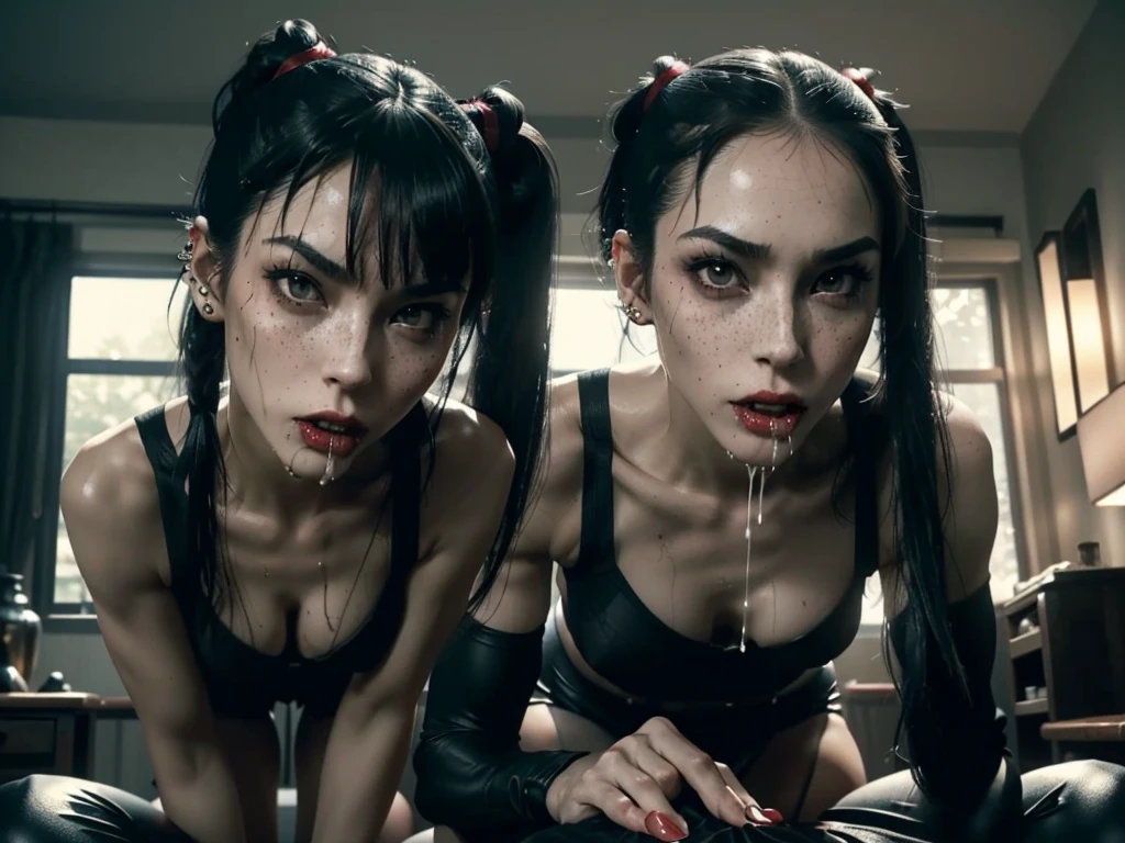 (((red dripping blood))), ((1 female vampire with sharp perfect fangs)), (She is sucking on a man's penis to the hilt), she is biting into a man's penis with her sharp fangs intense, super slutty,, POV imamate insertion, (skintight slutty and revealing bodysuit), helpless and at a giantesses mercy ,the 2 women are looking down at you at their feet, ((POV from a Giantess's soon to be human dildo)), ((skirt/pantyhose)), perfect legs and skinny thighs, pantyhose, ((perfect tight ass)), tight wet pussy, giantess, dread, impending death, sex, domination, ((Perfect eyes and face)), ((closed wet full lips)), ((perfect hands and fingers)), ((( a lot of white cum is dripping out of her pussy))), ((she has a skinny and toned strong body)), ((makeup)), ((freckles)), ((perfect eyebrows)), ((sharper edges)), ((perfect scary grey eyes)), perfect intimidating face, slut, sadistic, predatory, better detail on her skin, perfect face and strong jawline, perfect full wet lips, sadistic atmosphere, wet sweaty skin, more detail, beautiful intimidating grey eyes, ((beautiful horror)), better lighting, more toned muscles, perfect detail on her intimidating eyes, very tight underwear, ((tight pussy)), (((tighter clothing))), slutty, intense, perfect detail, tight and sexy, ((piercings)), skinny, skinny and strong, more skin showing, intense, slutty, freckles, long skinny perfect legs, scary and intense, she is a skinny and toned 25 year old sexy and perfect and intimidating Japanese/American skinny/tone futuristic evil retribuition alice, pale white skin, eye contact, (full tall body is shown), (((hair with short ponytails and bangs))), , perfect face and eyes, she has a skinny and athletic body wearing pantyhose, only her full body is shown above the viewer looking down at him, perfect face, perfect strong jawline, perfect lips, best resolution, perfect bone structure, femdom, she has a skinny and toned young perfect body and legs, tight stockings