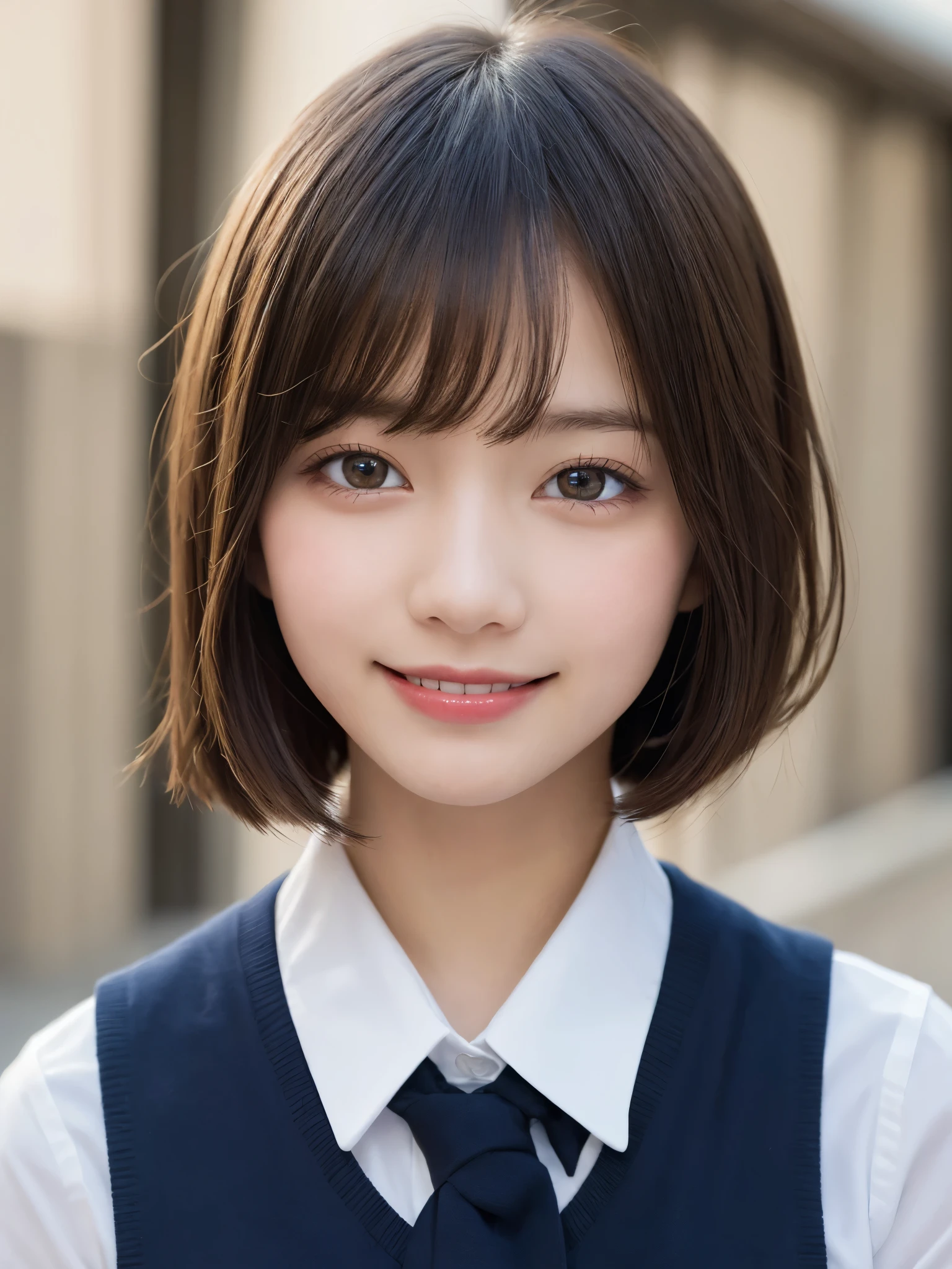 masterpiece, best quality, illustration, ultra-detailed, finely detailed, high resolution, 8K wallpaper, perfect dynamic composition, beautiful detailed eyes, school uniform, short hair, happy expression, cute, smile, looking at camera