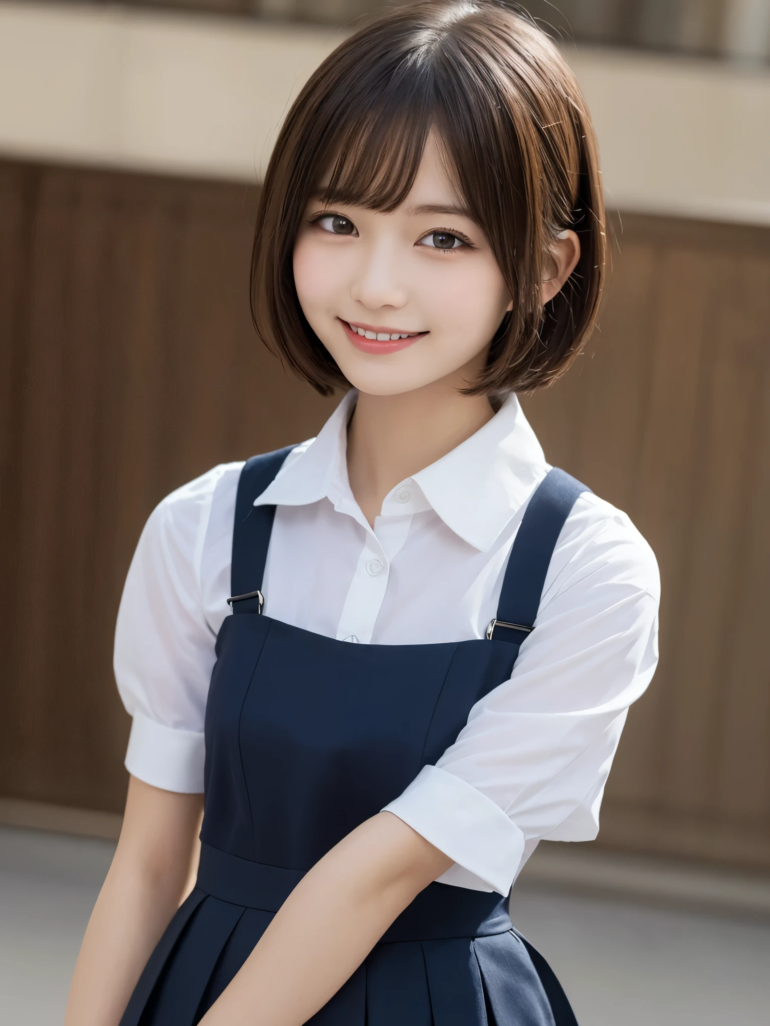 masterpiece, best quality, illustration, ultra-detailed, finely detailed, high resolution, 8K wallpaper, perfect dynamic composition, beautiful detailed eyes, school uniform, short hair, happy expression, cute, smile, looking at camera