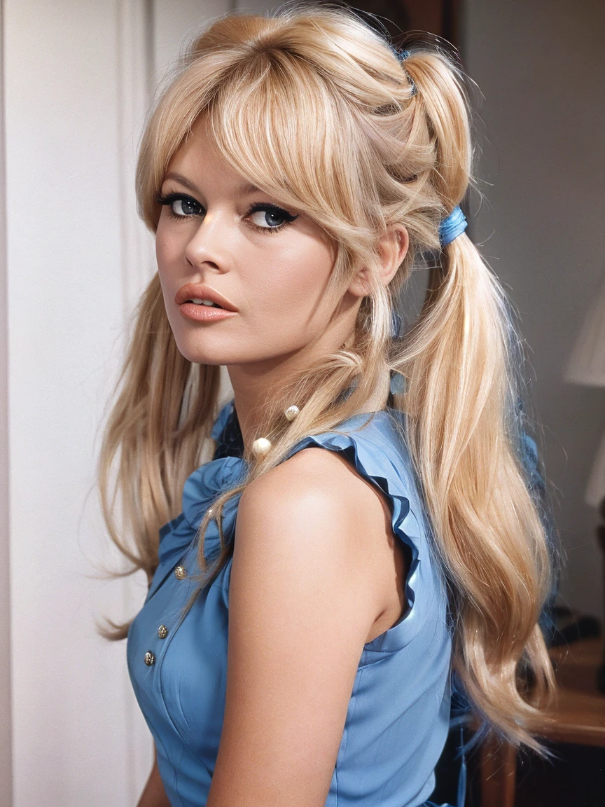 Brigitte Bardot is a blonde woman in a blue dress, twintails, 