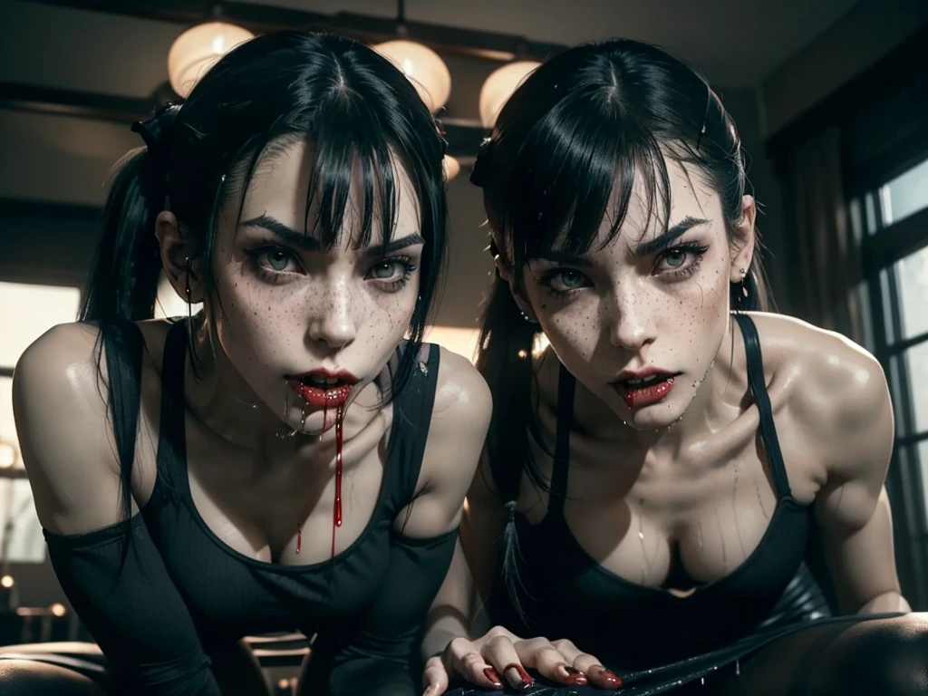 (((red dripping blood))), ((1 female vampire with sharp perfect fangs)), (She is sucking on a man's penis to the hilt), she is biting into a man's penis with her sharp fangs intense, super slutty,, POV imamate insertion, (skintight slutty and revealing bodysuit), helpless and at a giantesses mercy ,the 2 women are looking down at you at their feet, ((POV from a Giantess's soon to be human dildo)), ((skirt/pantyhose)), perfect legs and skinny thighs, pantyhose, ((perfect tight ass)), tight wet pussy, giantess, dread, impending death, sex, domination, ((Perfect eyes and face)), ((closed wet full lips)), ((perfect hands and fingers)), ((( a lot of white cum is dripping out of her pussy))), ((she has a skinny and toned strong body)), ((makeup)), ((freckles)), ((perfect eyebrows)), ((sharper edges)), ((perfect scary grey eyes)), perfect intimidating face, slut, sadistic, predatory, better detail on her skin, perfect face and strong jawline, perfect full wet lips, sadistic atmosphere, wet sweaty skin, more detail, beautiful intimidating grey eyes, ((beautiful horror)), better lighting, more toned muscles, perfect detail on her intimidating eyes, very tight underwear, ((tight pussy)), (((tighter clothing))), slutty, intense, perfect detail, tight and sexy, ((piercings)), skinny, skinny and strong, more skin showing, intense, slutty, freckles, long skinny perfect legs, scary and intense, she is a skinny and toned 25 year old sexy and perfect and intimidating Japanese/American skinny/tone futuristic evil retribuition alice, pale white skin, eye contact, (full tall body is shown), (((hair with short ponytails and bangs))), , perfect face and eyes, she has a skinny and athletic body wearing pantyhose, only her full body is shown above the viewer looking down at him, perfect face, perfect strong jawline, perfect lips, best resolution, perfect bone structure, femdom, she has a skinny and toned young perfect body and legs, tight stockings