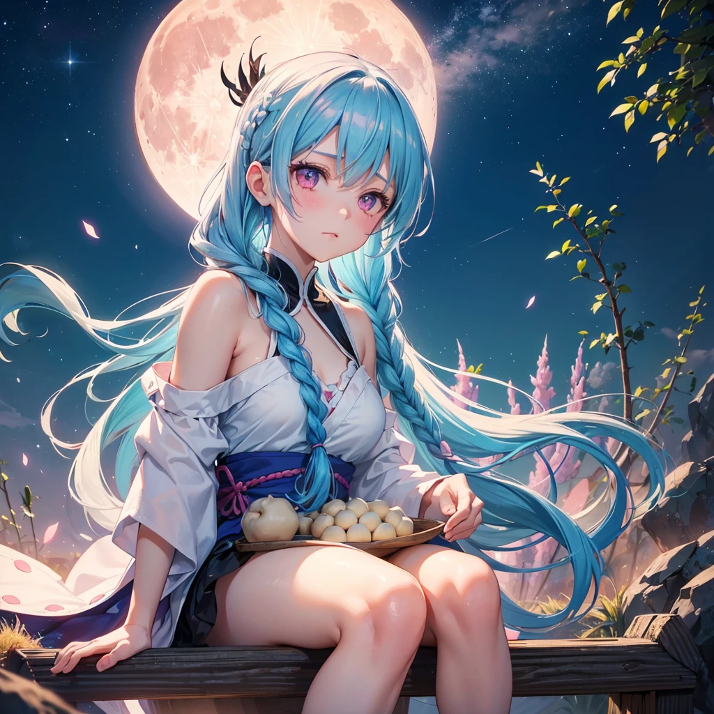 Sky blue hair, (Braided hair in one piece), (Pink eyes),Fair skin) ,(whole body),(One Girl),(White sweet dumplings ),White round dumplings,Japanese pampas grass,(beautiful, Full moon shining in the night sky),(masterpiece, Highest quality, Very detailed, Best Shadow), (Detailed Background), (Beautifully detailed face), High Contrast, (Best lighting, Very delicate and beautiful), ((Cinematic Light)), colorful, Hyper Detail,8k, Dramatic Light, Intricate details,Sit down and eat dumplings