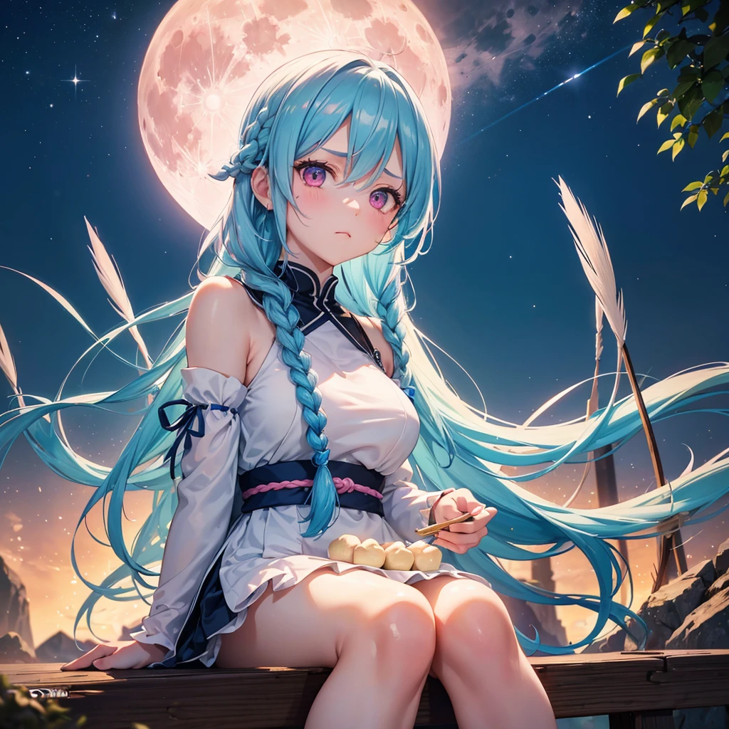 Sky blue hair, (Braided hair in one piece), (Pink eyes),Fair skin) ,(whole body),(One Girl),(White sweet dumplings ),White round dumplings,Japanese pampas grass,(beautiful, Full moon shining in the night sky),(masterpiece, Highest quality, Very detailed, Best Shadow), (Detailed Background), (Beautifully detailed face), High Contrast, (Best lighting, Very delicate and beautiful), ((Cinematic Light)), colorful, Hyper Detail,8k, Dramatic Light, Intricate details,Sit down and eat dumplings