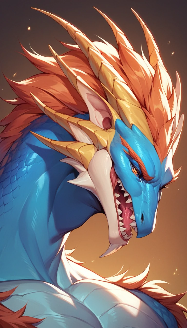 Wings of fire, female, dragon, peril, blue eyes, orange scales, fire scales, tentacle, left view, cum in mouth, cum visible, tentacle penetrate,cum dripping full from mouth,enjoy