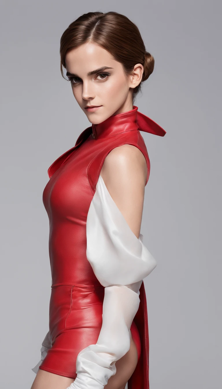 (Emma Watson), sexy sayian armor, scouter, earrings, (monkey tail, long tail), Red leotard, white gloves, bare shoulders, Big Breasts, smile, Long Straight Hair, (studio lighting, hard light, sony a7, 50 mm, matte skin, pores, colors, hyperdetailed, hyperrealistic)