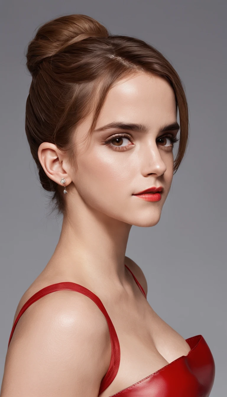 (Emma Watson), sexy sayian armor, scouter, earrings, (monkey tail, long tail), Red leotard, white gloves, bare shoulders, Big Breasts, smile, Long Straight Hair, (studio lighting, hard light, sony a7, 50 mm, matte skin, pores, colors, hyperdetailed, hyperrealistic)